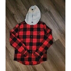 AFWD Mens XL Red Black Plaid Hoodie Button Down Shirt Long Sleeve